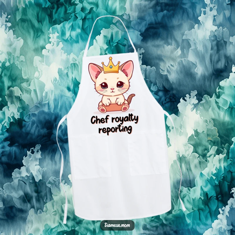 Funny Siamese Kitten Apron featuring a kawaii cat balancing a tiny crown, ready to oversee any kitchen task with playful authority.