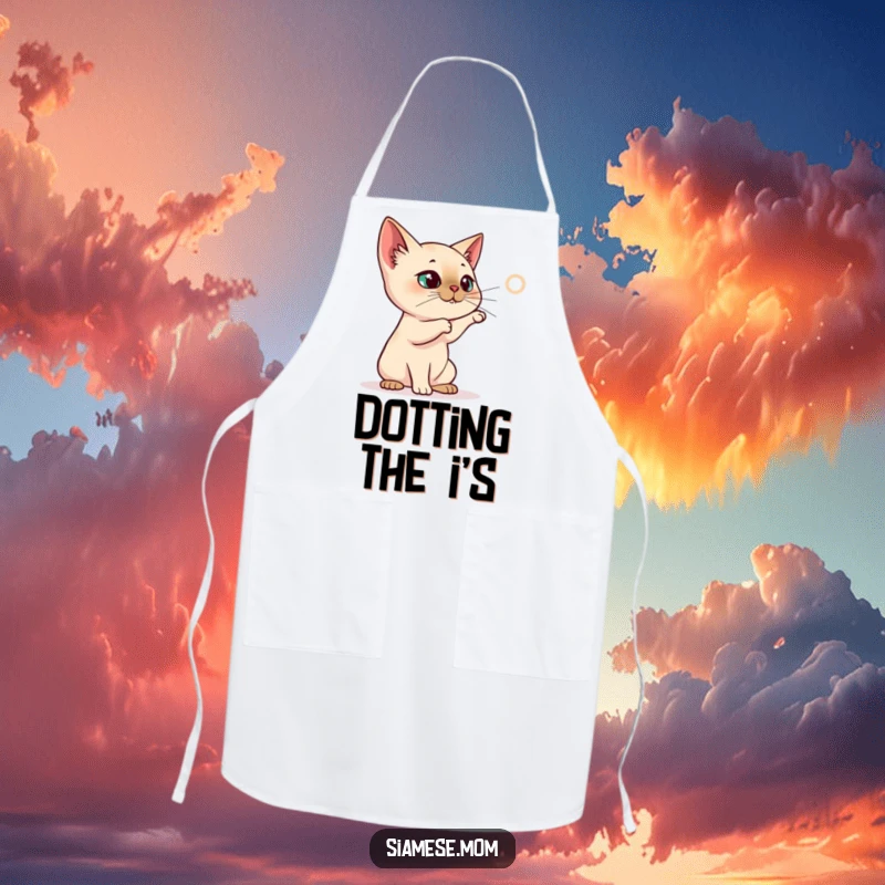 Funny Siamese Cat Apron, cat batting at a projected laser dot, playful and functional funny kitchen gift.