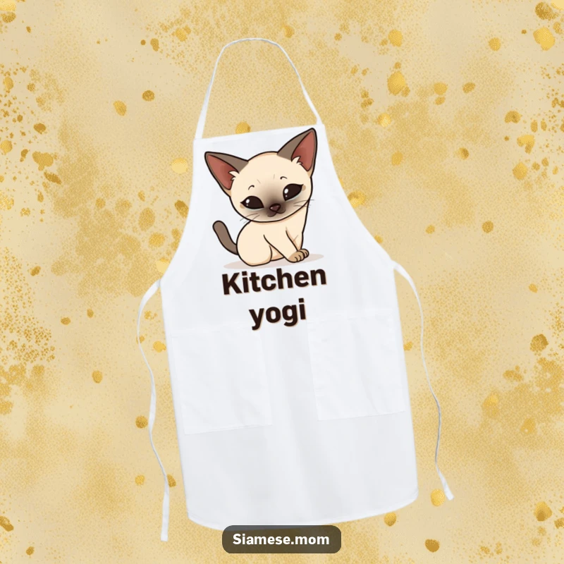 Funny Kawaii Siamese cat apron, elegantly stretching and arching its back with grace, a humorous and stylish kitchen accessory.