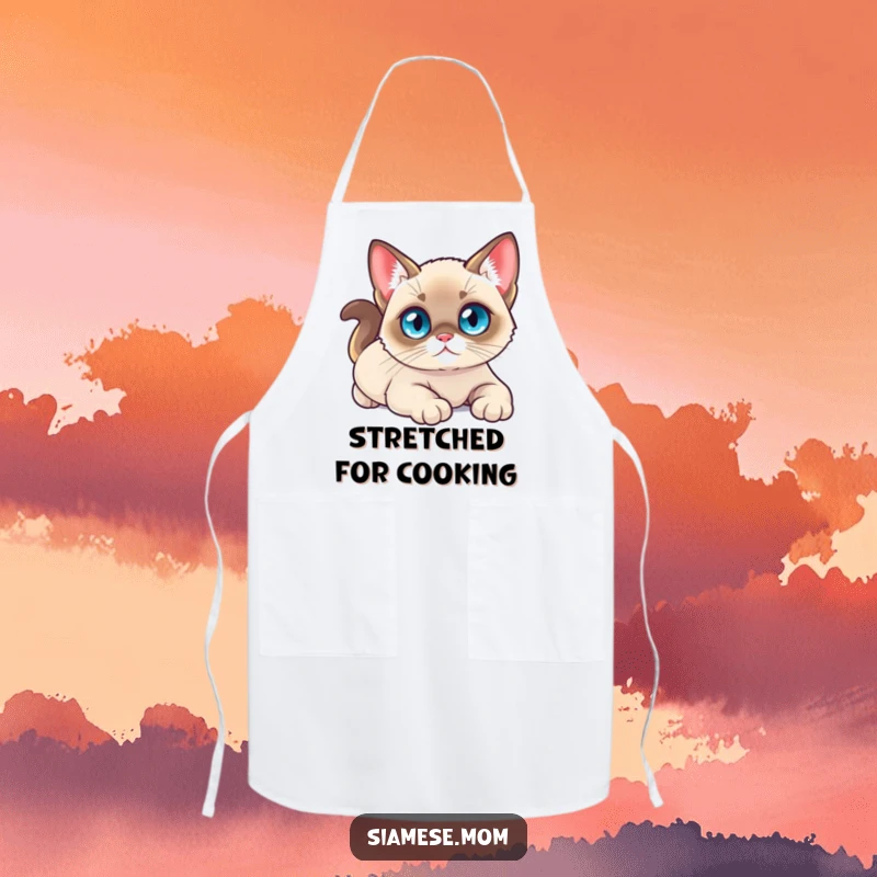 Funny apron with a small kawaii Siamese cat with bright blue eyes, stretching luxuriously, adding calm humor.