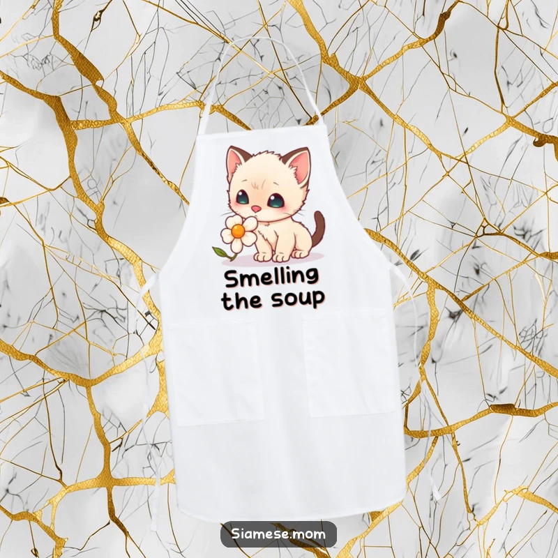 Funny Kitchen Apron: A cute kawaii Siamese kitten with a determined look sniffing a sunflower in a culinary setting.