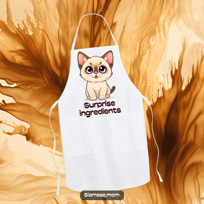 Funny Kitchen Apron: A kawaii Siamese kitten with exaggeratedly wide eyes, wearing a chef's hat.