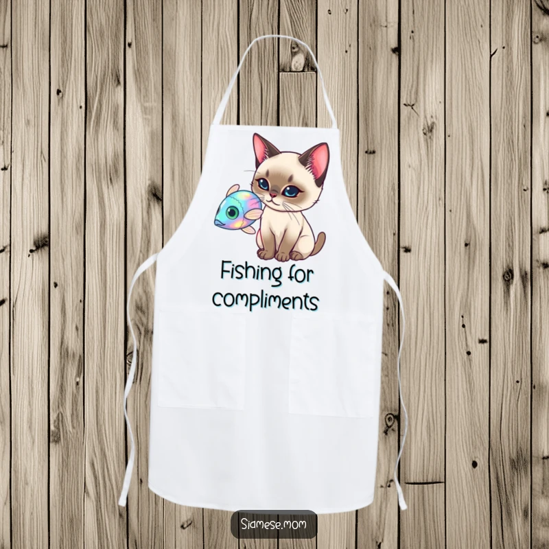 Funny Siamese Cat Apron, elegant cat batting at a holographic fish, playful and practical funny gift.