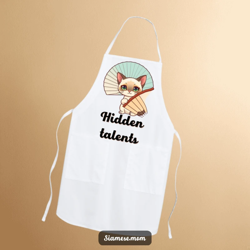 Funny Siamese Cat Apron: A playful Siamese cat hides behind a decorative fan while you cook, adding humor to the kitchen.