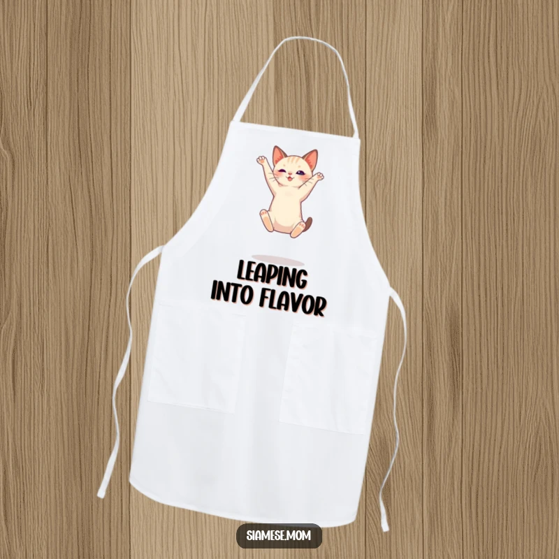 Funny Siamese cat apron, showing a cat leaping gracefully, great for adding flair to kitchen tasks.