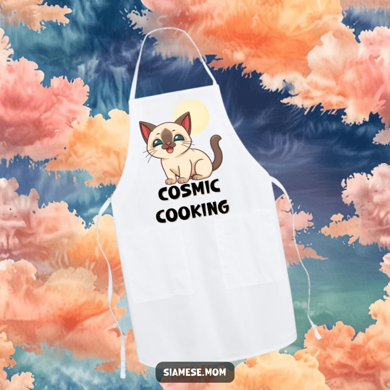 Funny stylized Siamese cat happily batting at glowing moonbeams, featured on a cute kitchen apron.