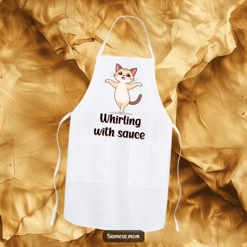 Funny cute Siamese cat character performing a joyful, ballet-like pirouette, featured on a cute kitchen apron.