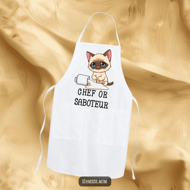 Funny Siamese cat apron, looking smugly at a spilled milk carton, perfect for kitchen humor, a fantastic funny gift.