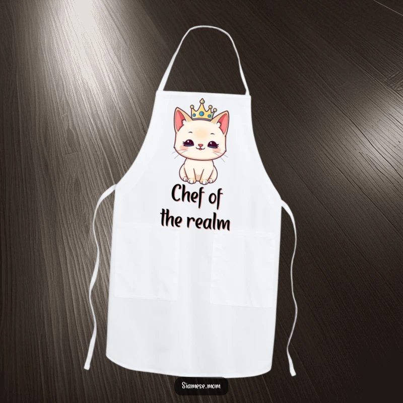 Funny apron design of a kawaii Siamese cat wearing a small crown, looking regal and pleased while in the kitchen.