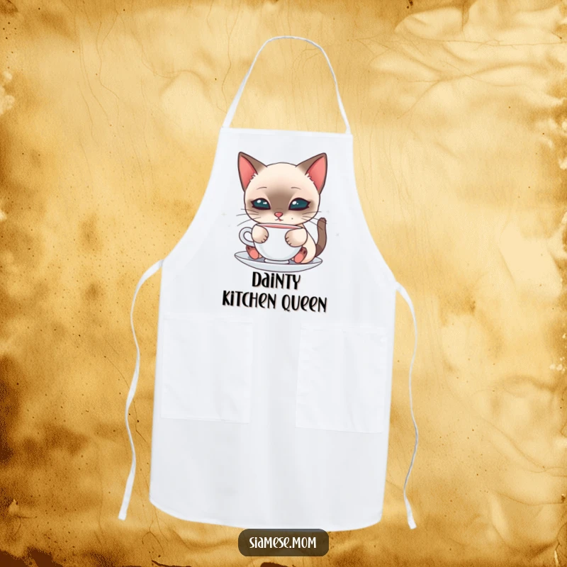 Cute apron featuring a kawaii Siamese cat sipping from a saucer, a charming accessory for the kitchen.