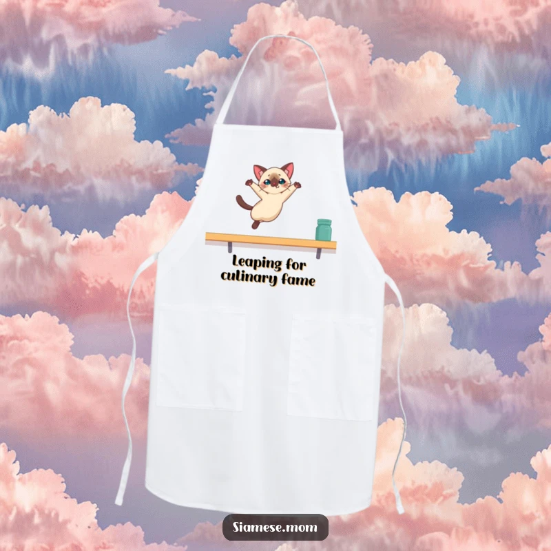 Funny Kawaii Siamese cat apron showing a cat leaping towards a high shelf, a humorous kitchen accessory for cat lovers.