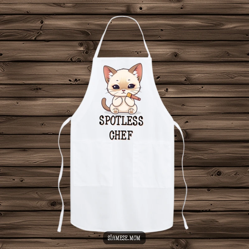 Funny Kawaii Siamese cat apron showing a cat meticulously grooming itself with a tiny brush, ideal for a tidy cook.
