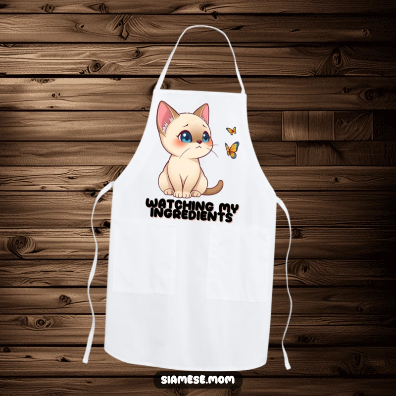 Funny Kawaii Siamese Cat Apron Alert Posture Watching Distant Butterfly, Humorous Kitchen Accessory