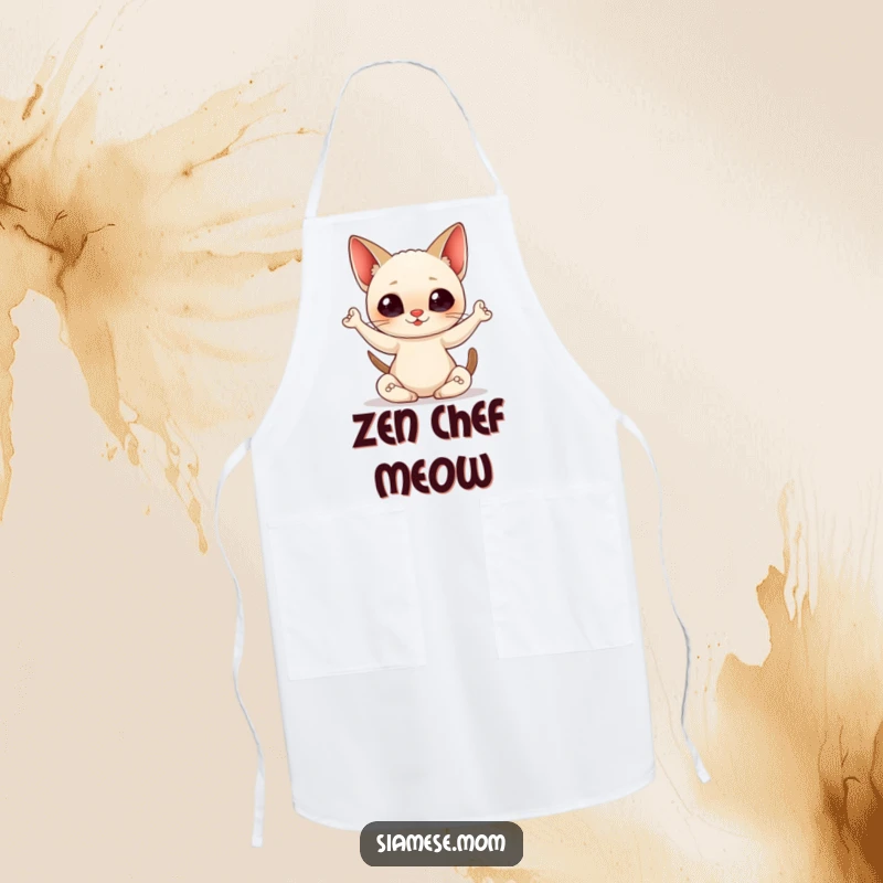 Funny Apron showing a kawaii Siamese cat in a graceful yoga pose, perfect for cooks who enjoy a touch of Zen and feline humor.