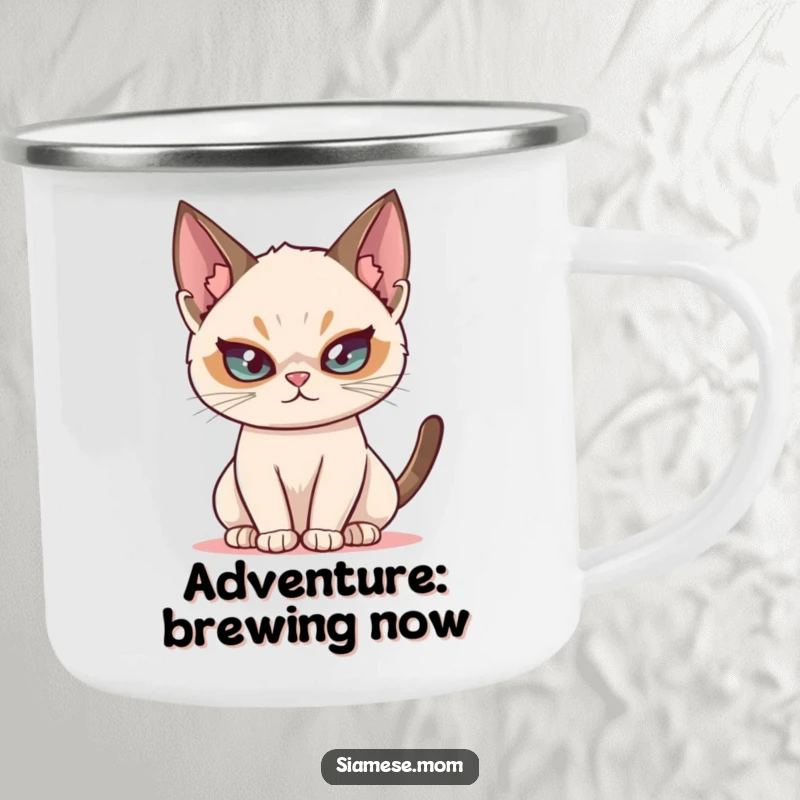 Funny Siamese cat camping mug, showing a mischievous cat with a twinkle, perfect for enjoying drinks outdoors.