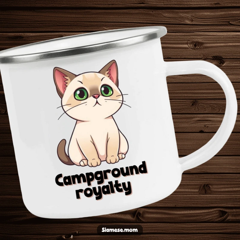Funny Camping Mug featuring a kawaii Siamese cat with a regal air, surveying its surroundings, perfect for those who rule their adventures humorously.