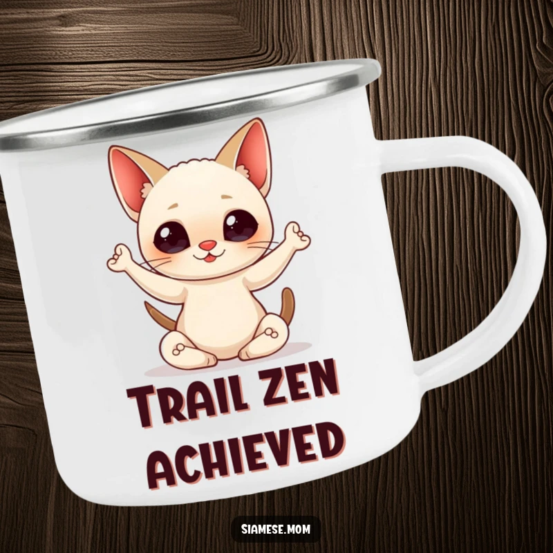 Funny Camping Mug featuring a kawaii Siamese cat in a yoga pose, perfect for outdoor enthusiasts seeking peace and feline charm humorously.