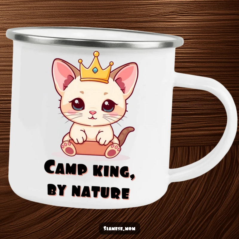 Funny Siamese Kitten Camping Mug featuring a kawaii cat balancing a tiny crown, perfect for adventurous and regal sips.
