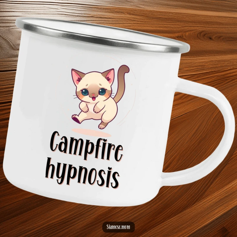 Funny camping mug of a kawaii Siamese cat chasing its tail in a dizzy circle, perfect for outdoor fun.