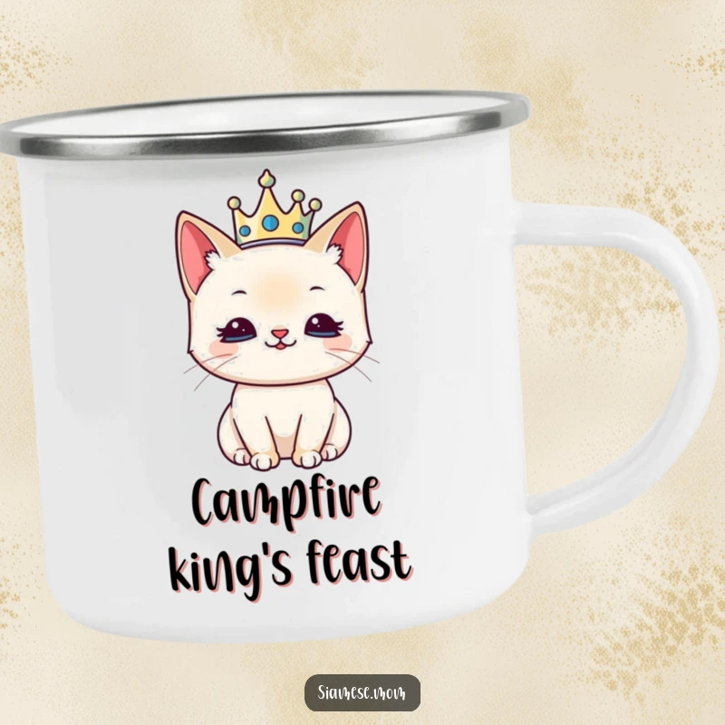 Funny camping mug featuring a kawaii Siamese cat wearing a tiny crown, looking regal and pleased during outdoor excursions.