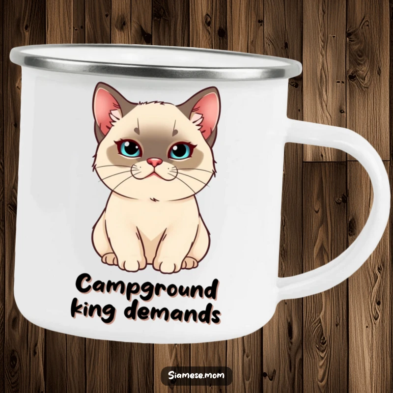Funny Kawaii Siamese cat camping mug with a smug, pampered cat, bringing regal humor to the outdoors.