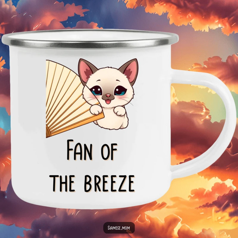 Funny happy Siamese cat peeking from behind a large, cheerful fan, printed on a sturdy camping mug.