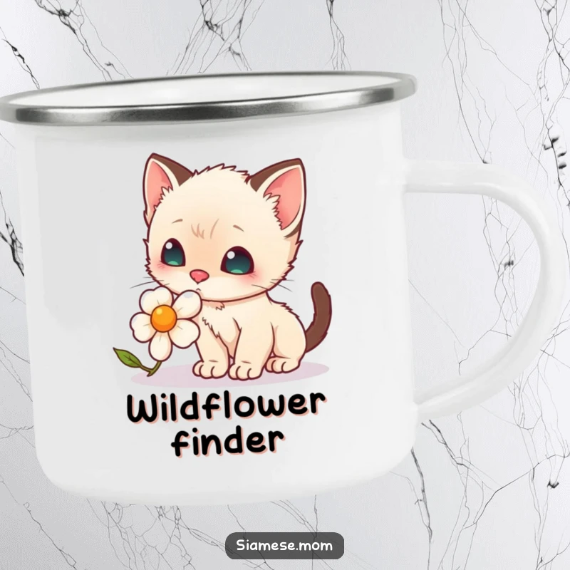 Funny Enamel Camping Mug: A cute kawaii Siamese kitten enjoying the scent of a wild daisy.