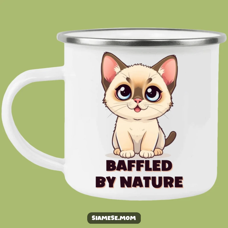 Funny Enamel Mug: Kawaii Siamese Kitten's Wide-Eyed Camping Surprise