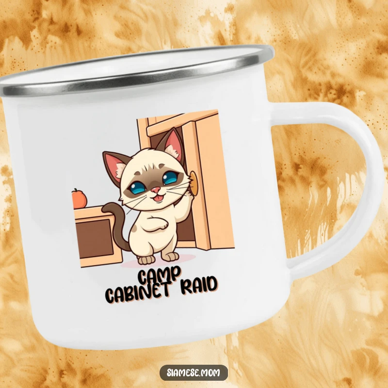 Funny camping mug with a Kawaii Siamese cat trying to open a cabinet, perfect for outdoor use and adding a humorous, cute touch.