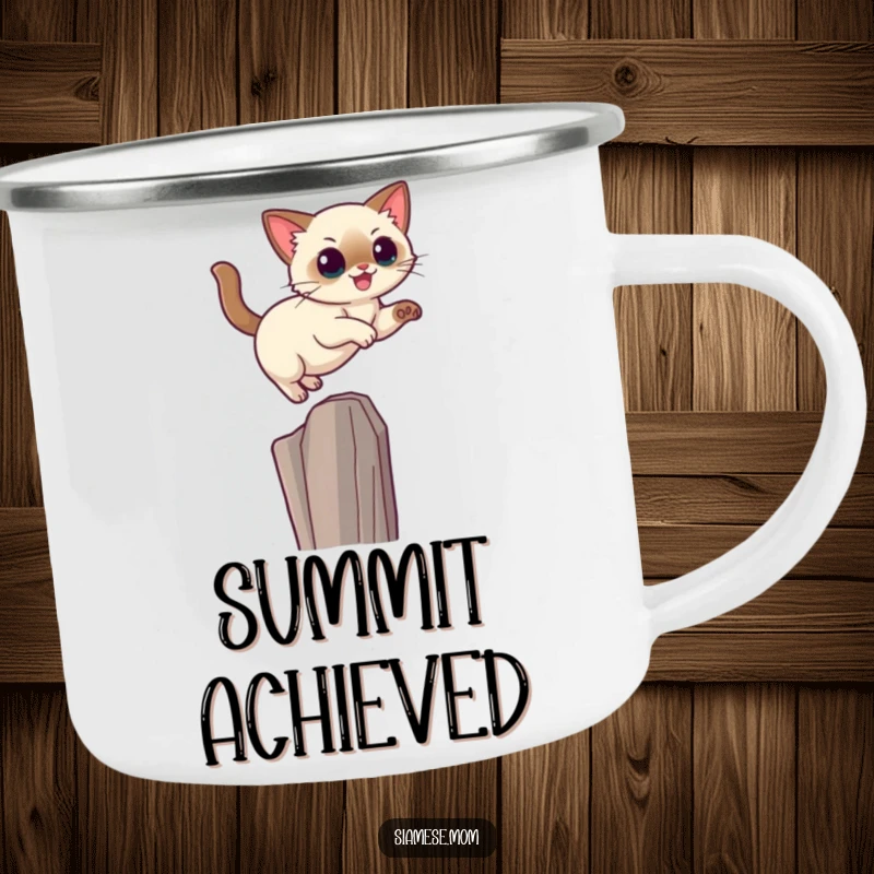 Funny Kawaii Siamese cat camping mug depicting a cat leaping elegantly towards a high perch, ready for adventure.