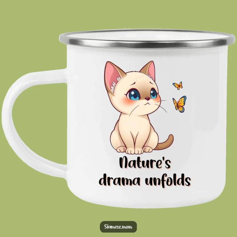 Funny Kawaii Siamese Cat Camping Mug - Alert Butterfly Watcher for Outdoor Adventures