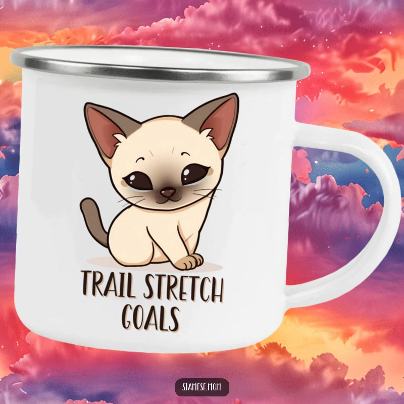 Funny Kawaii Siamese cat camping mug, elegantly stretching and arching its back with grace, ready for outdoor fun and laughter.