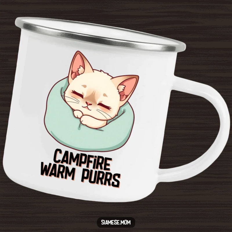 Funny Kawaii Siamese Cat Camping Mug Purring Contentedly Nestled Cozy Blanket, Outdoor Comfy Gift