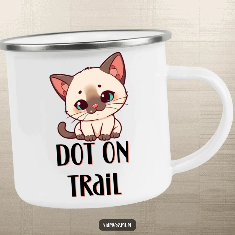 Funny Kawaii Siamese cat camping mug, quizzical head tilt, intensely watching a red laser dot, ready for outdoor fun and discovery.