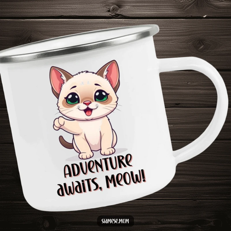 Funny Siamese Kitten Camping Mug featuring a playful and energetic kawaii cat, perfect for enjoying drinks on outdoor adventures.