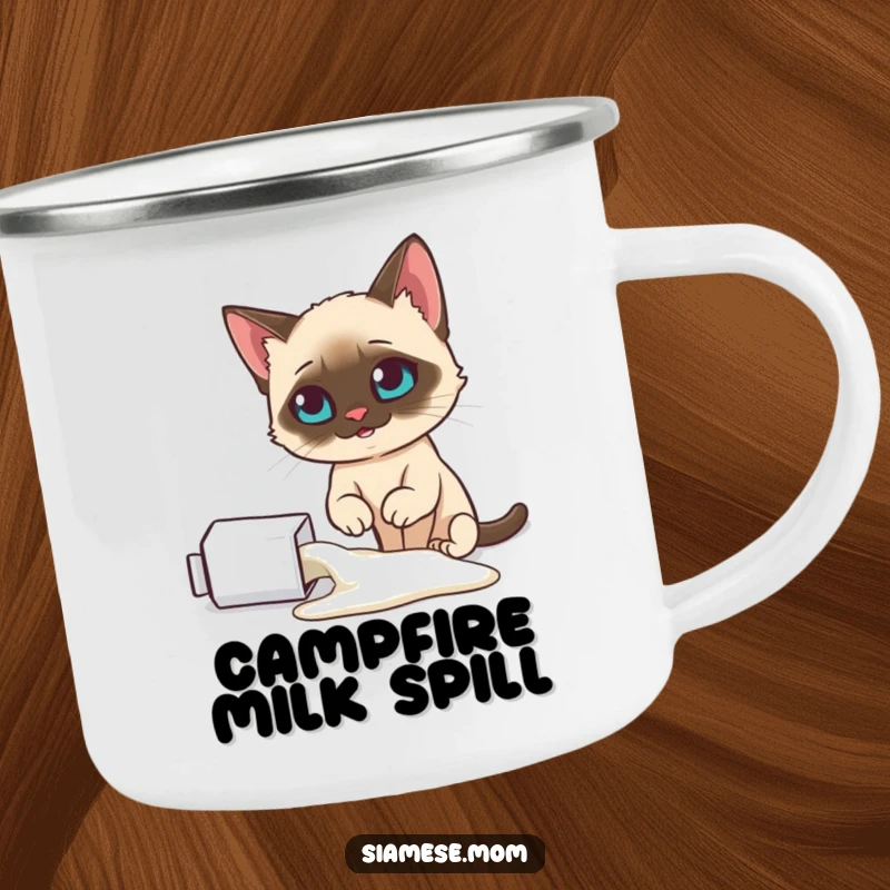 Funny Siamese cat camping mug, looking smugly at a spilled milk carton, perfect for outdoor humor, a rugged funny gift.