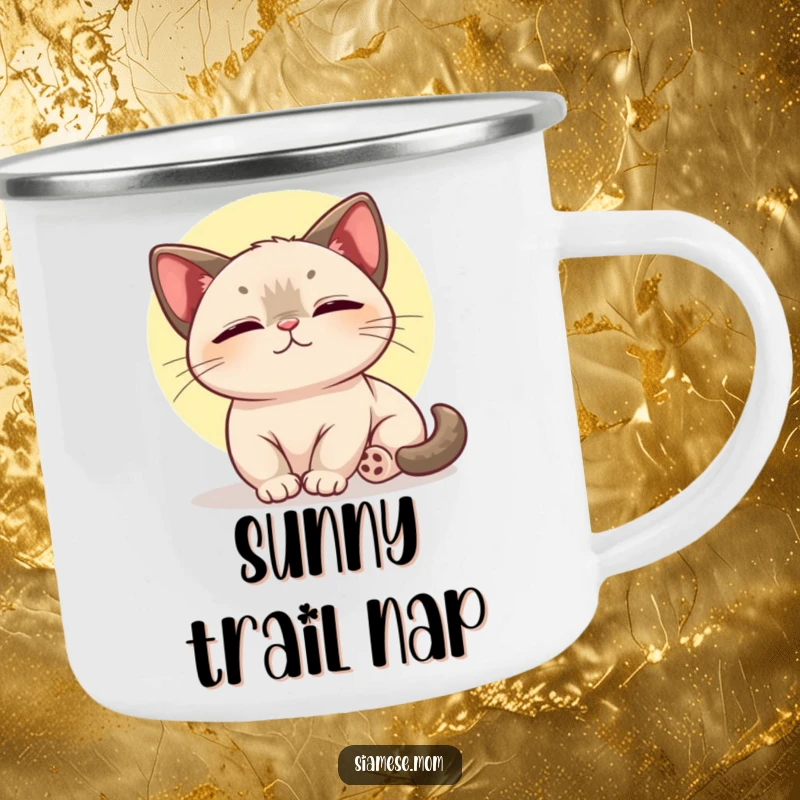 Funny camping mug featuring a kawaii Siamese cat soaking up a sunbeam, perfect for outdoor enjoyment.