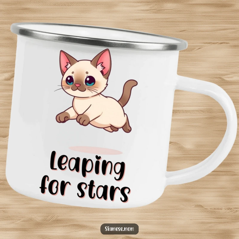 Funny Kawaii Siamese cat camping mug featuring a graceful leap, ideal for outdoor enjoyment and humorous gifts.