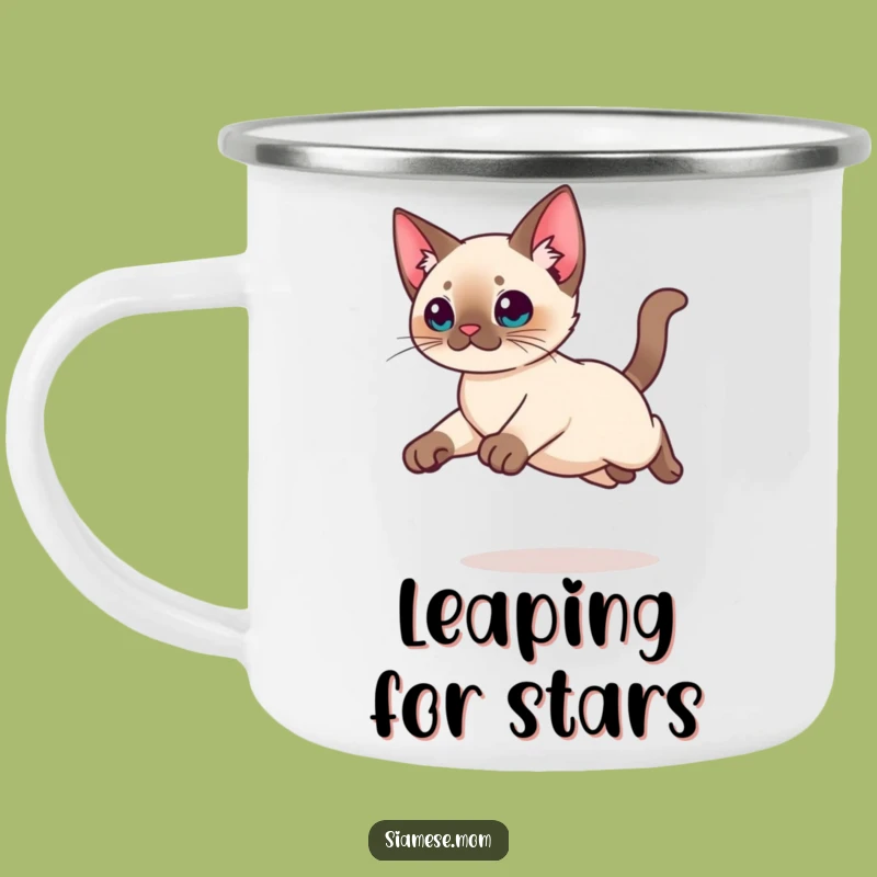 Funny Kawaii Siamese Cat Camping Mug: Graceful Leap Adventure, Outdoor Gift