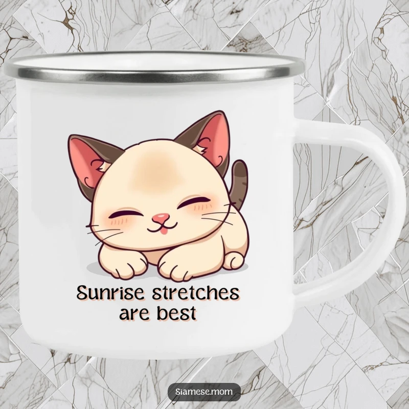 Funny Kawaii Siamese cat camping mug depicting a lazy, contented stretch, ideal for outdoor enjoyment and humorous gifts.