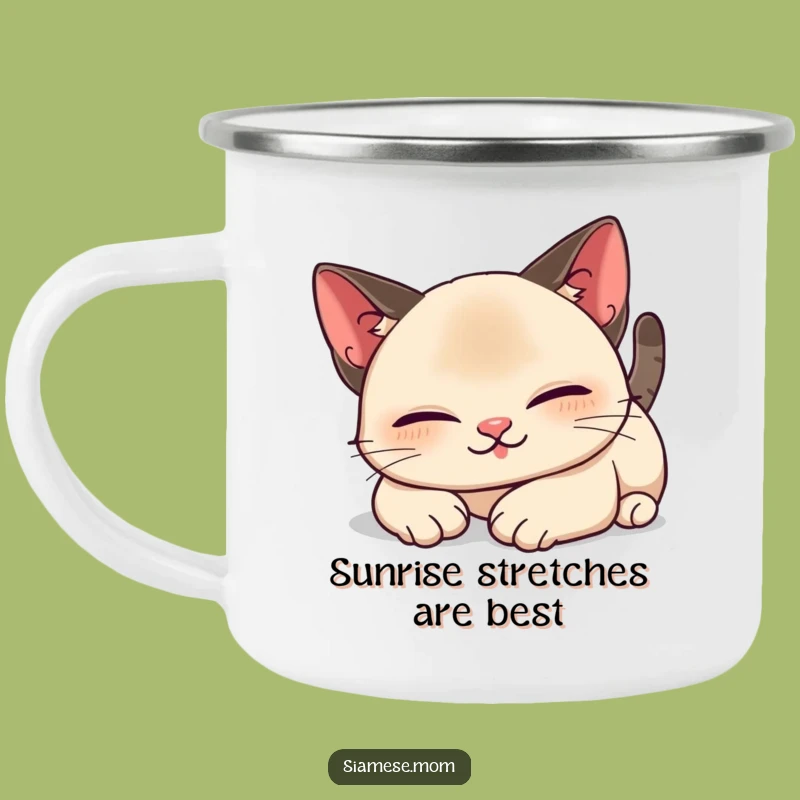 Funny Kawaii Siamese Cat Camping Mug: Lazy Stretch Adventure, Outdoor Gift