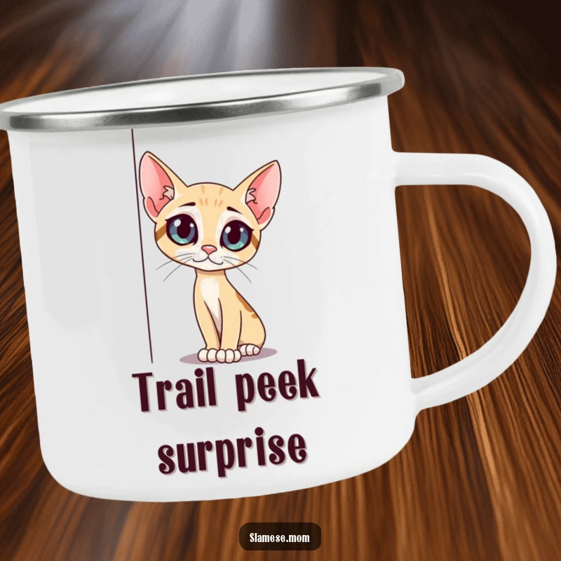 Funny slender cat camping mug, with big curious eyes, peeking around a corner, perfect for outdoor charm, a rugged funny gift.