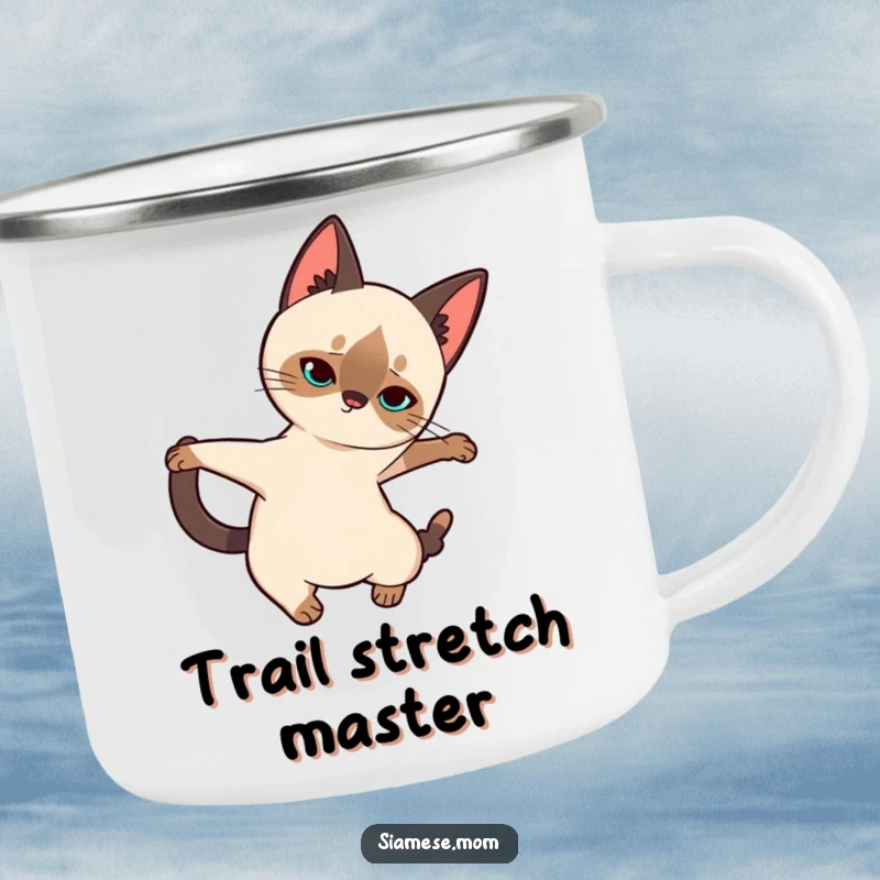 Funny Siamese Cat Camping Mug: Cute kawaii cat in an elegant stretch, ideal for travel and outdoor use, bringing humor and style.