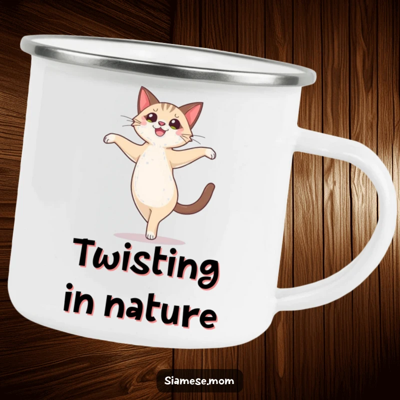 Funny cute Siamese cat character performing a joyful, ballet-like pirouette, printed on a sturdy camping mug.