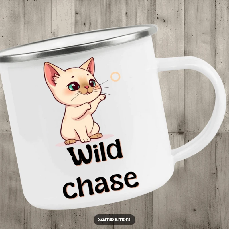Funny Siamese Cat Camping Mug, cat batting at a projected laser dot, durable and funny gift for outdoors.
