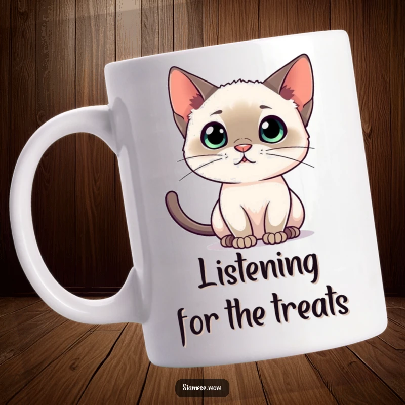 Attentive Siamese cat mug, with ears perked and focused, capturing a moment of intense listening and curiosity.