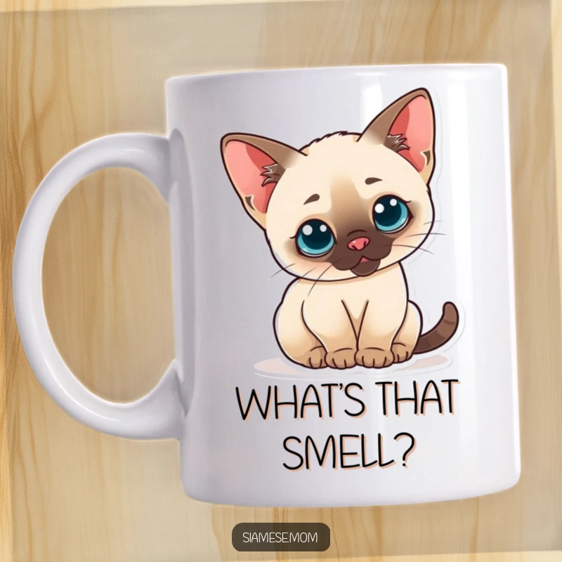 Funny kawaii Siamese cat mug with perked ears and arched back, displaying a curious and cute expression.