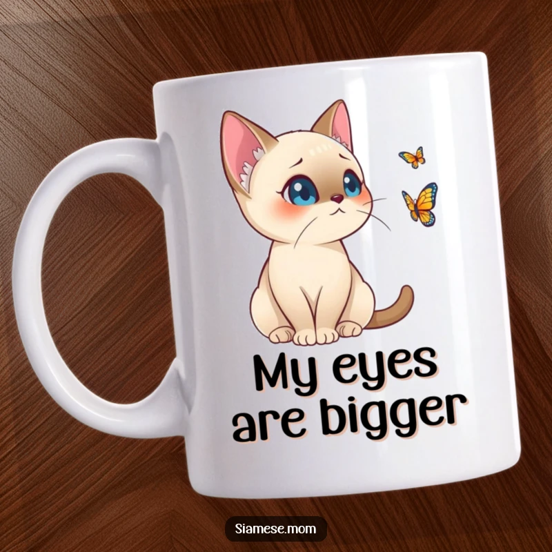Funny Kawaii Siamese Cat Mug Alert Posture Watching Distant Butterfly, Cute Cat Gift