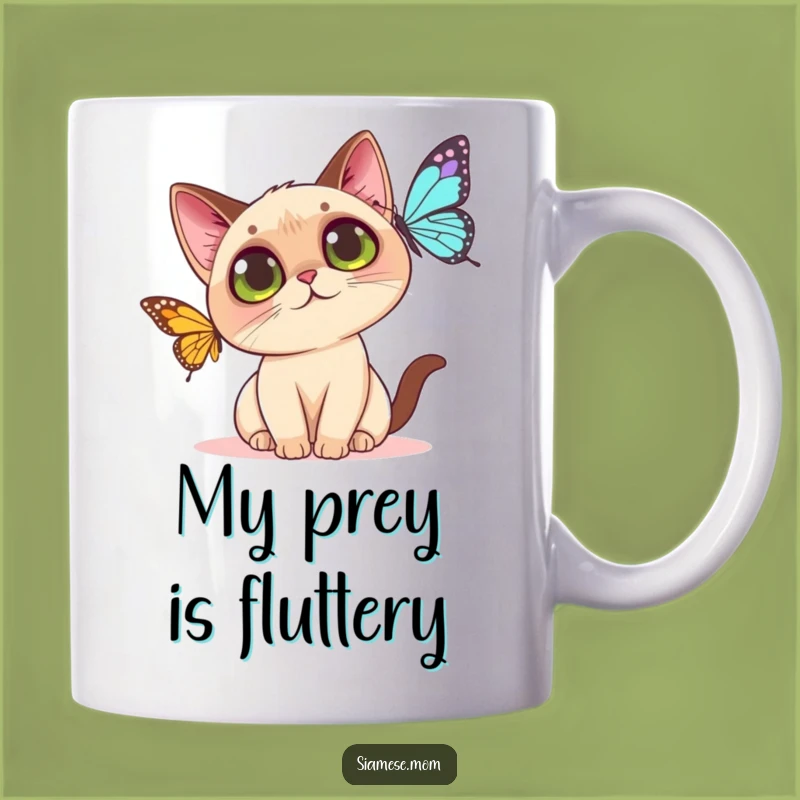 Funny Kawaii Siamese Cat Mug: Curious Kitty's Butterfly Chase - Perfect Gift
