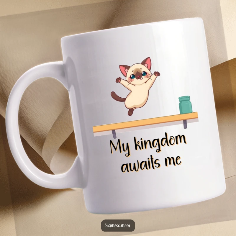 Funny Kawaii Siamese cat mug depicting a graceful leap onto a high shelf, showcasing feline agility and humor.